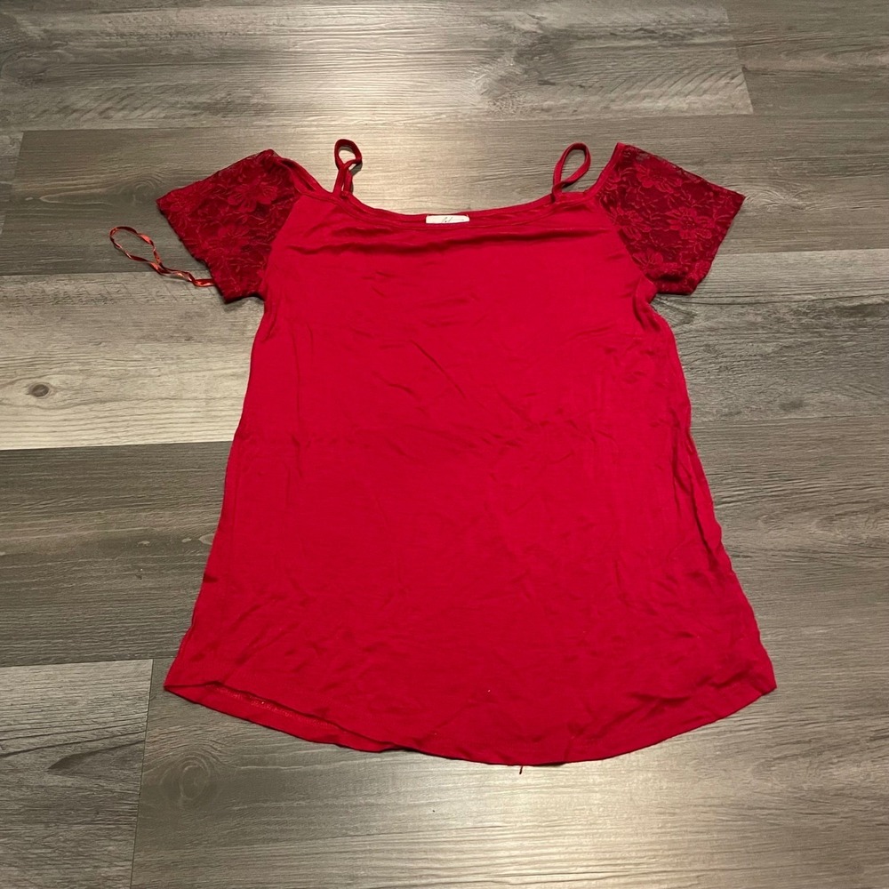Glitz Red Cold Shoulder Lace Sleeve Top Womens Small Scoop Neck Spaghetti y2k